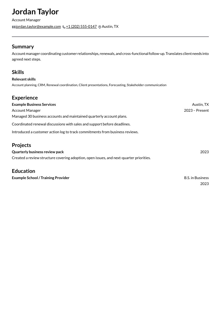 Account Manager resume in the Onyx layout