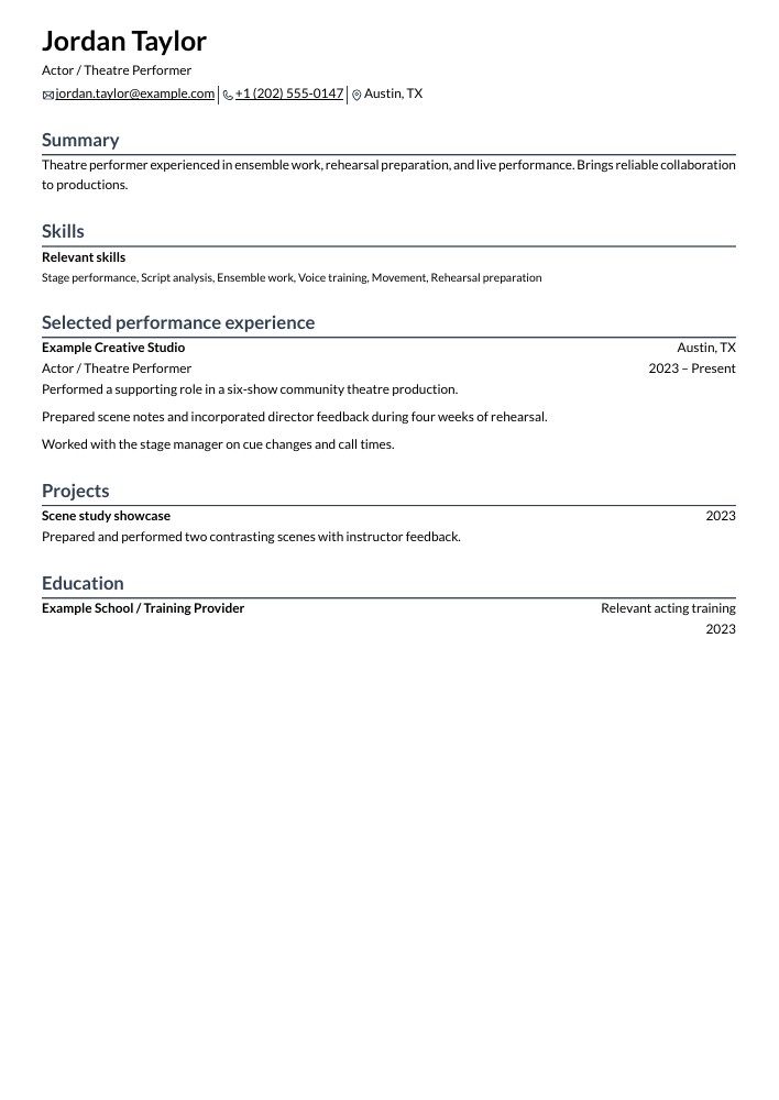 Actor / Theatre Performer resume in the Rhyhorn layout