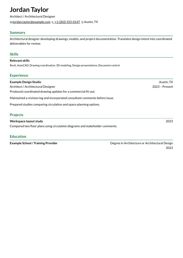 Architect / Architectural Designer resume in the Chikorita layout