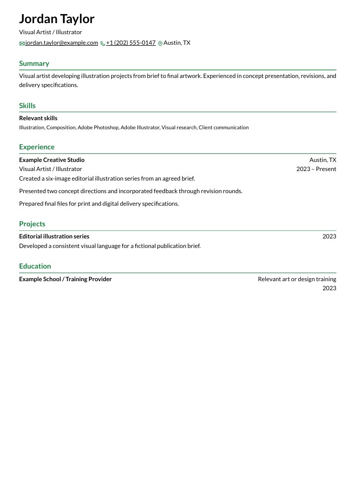 Visual Artist / Illustrator resume in the Chikorita layout