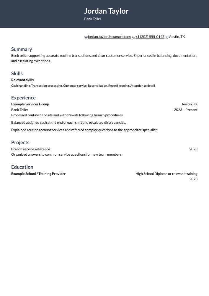 Bank Teller resume in the Ditto layout