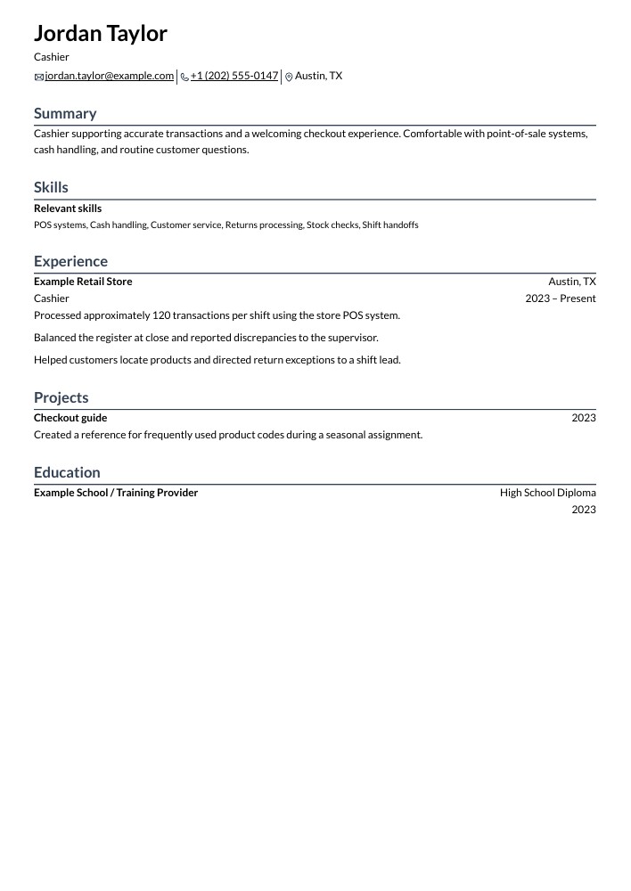 Cashier resume in the Rhyhorn layout