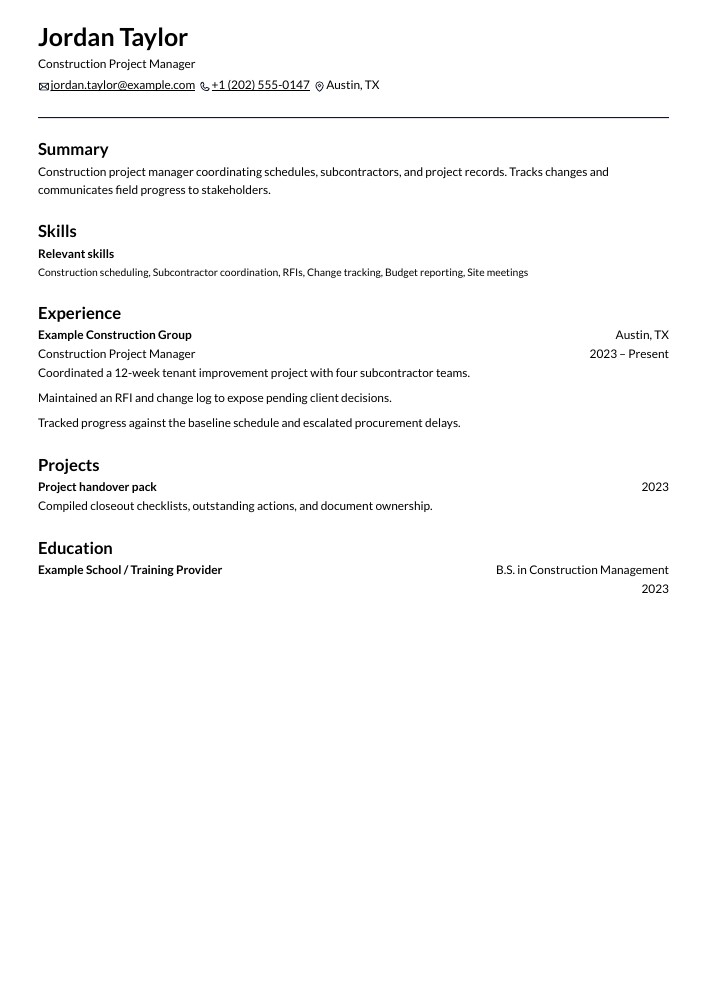 Construction Project Manager resume in the Onyx layout