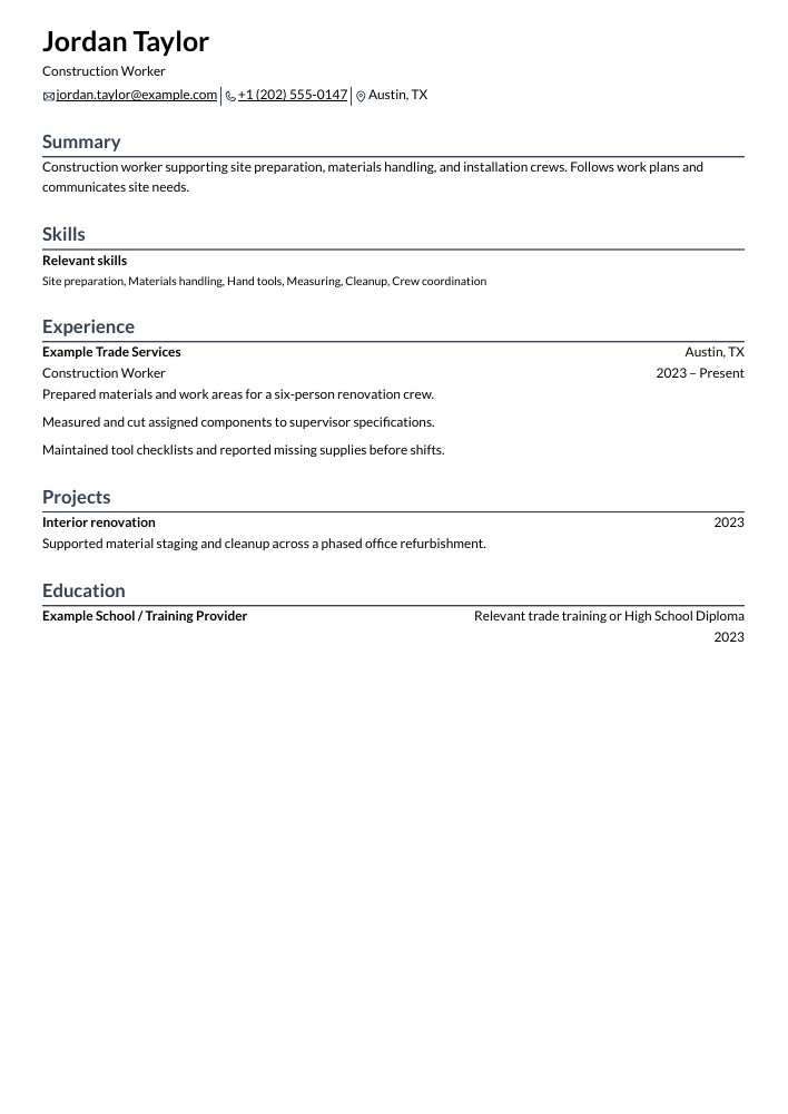 Construction Worker resume in the Rhyhorn layout