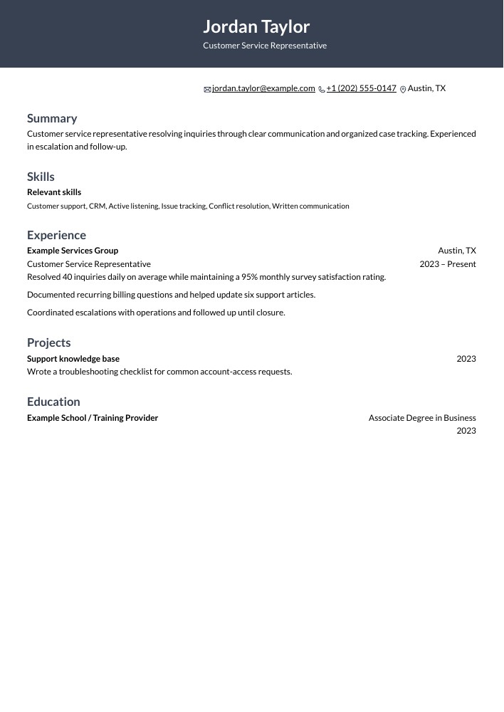 Customer Service Representative resume in the Ditto layout