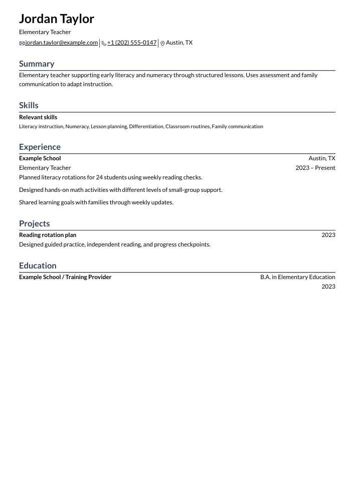 Elementary Teacher resume in the Rhyhorn layout