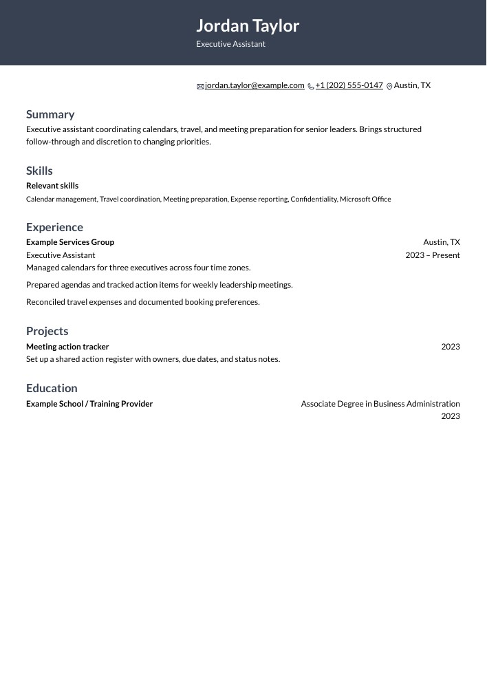 Executive Assistant resume in the Ditto layout