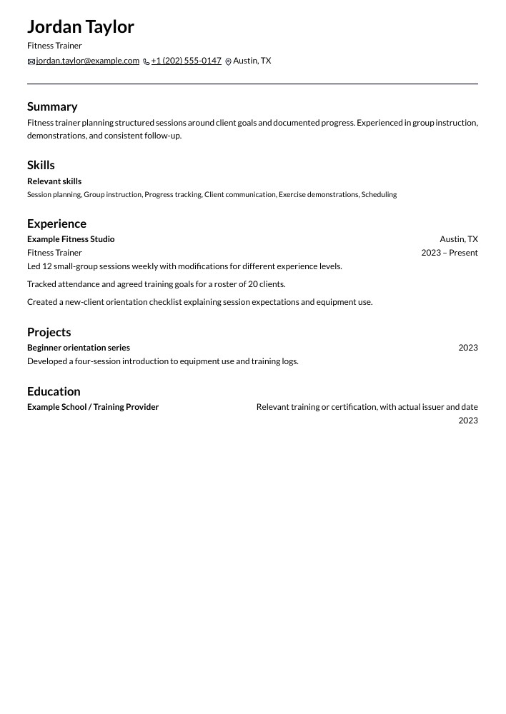 Fitness Trainer resume in the Onyx layout
