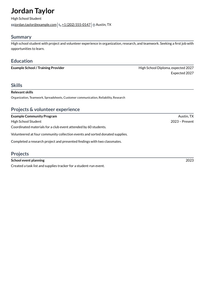 High School Student resume in the Rhyhorn layout