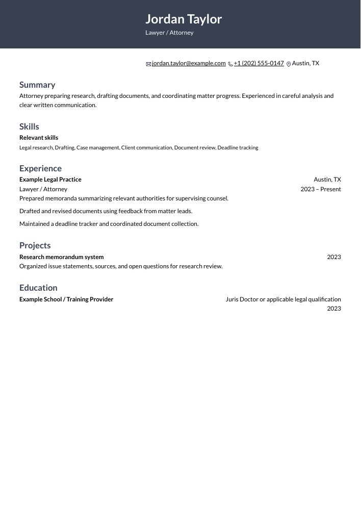 Lawyer / Attorney resume in the Ditto layout