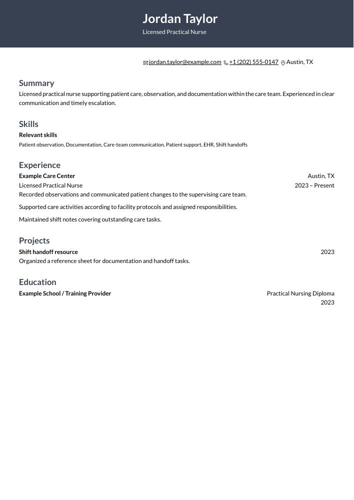 Licensed Practical Nurse resume in the Ditto layout