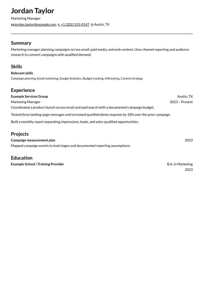 Marketing Manager resume in the Onyx layout