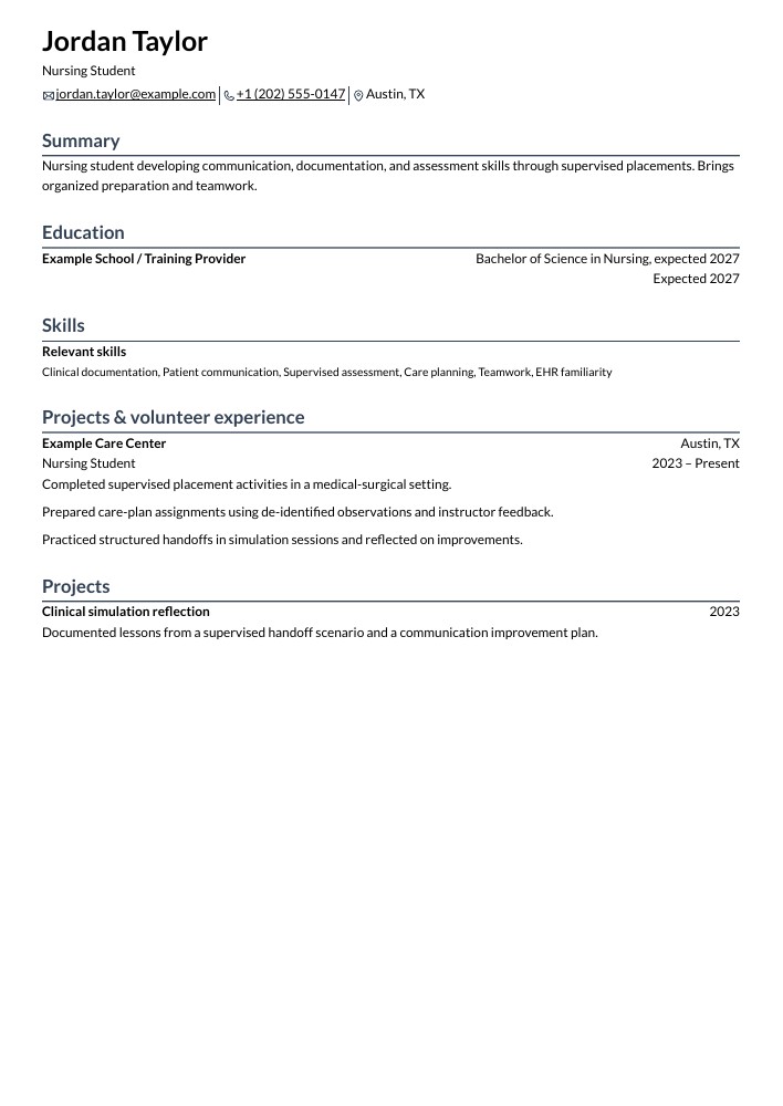 Nursing Student resume in the Rhyhorn layout