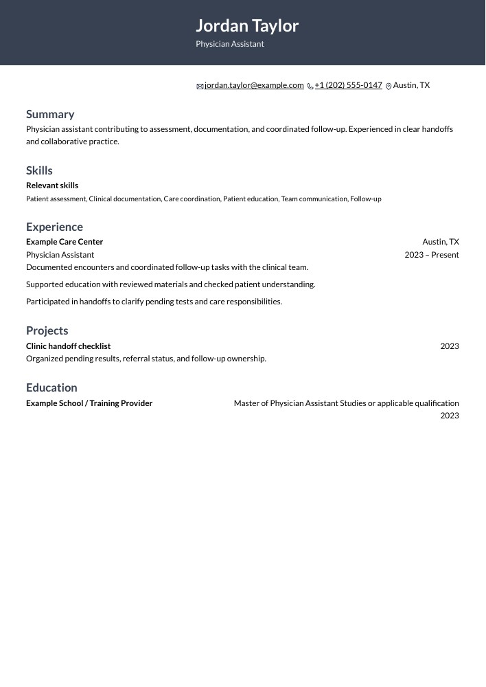 Physician Assistant resume in the Ditto layout