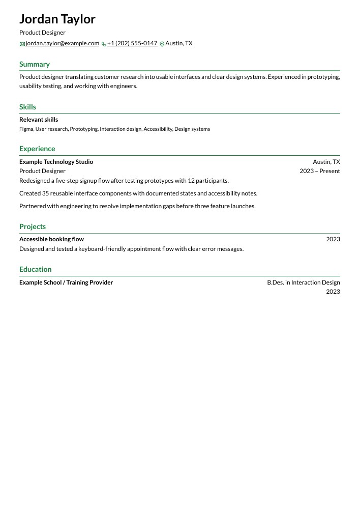 Product Designer resume in the Chikorita layout