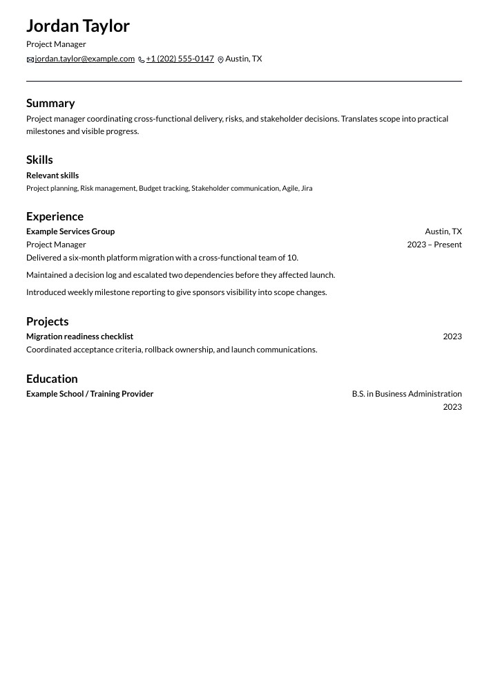 Project Manager resume in the Onyx layout