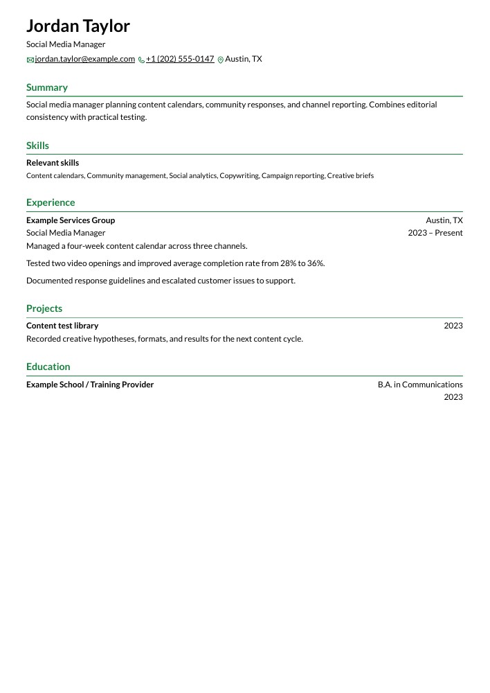 Social Media Manager resume in the Chikorita layout