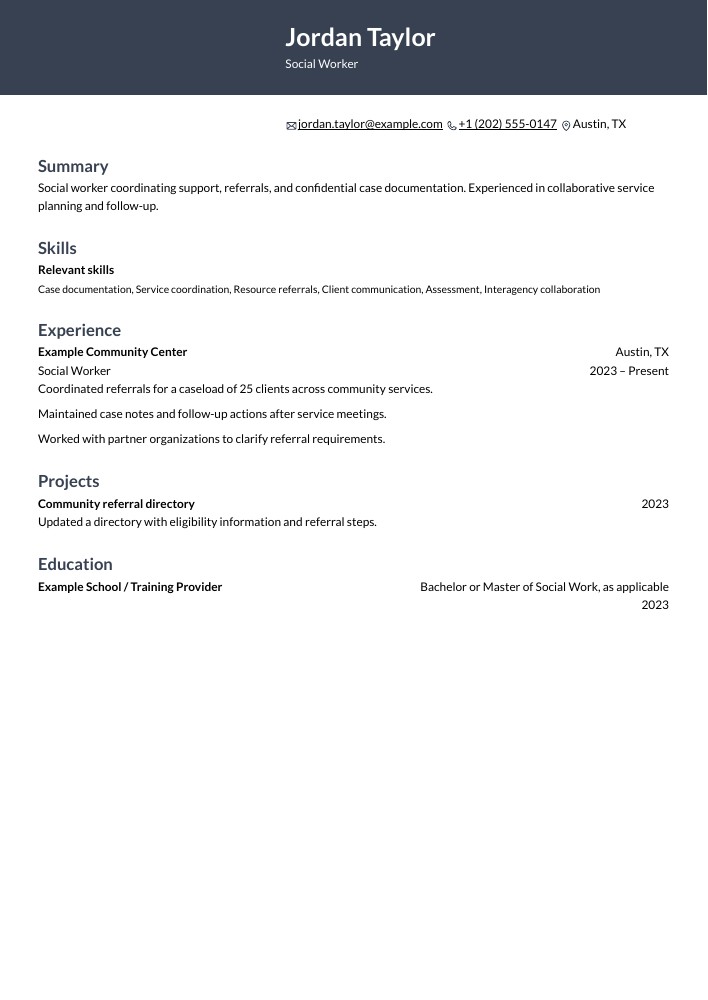 Social Worker resume in the Ditto layout