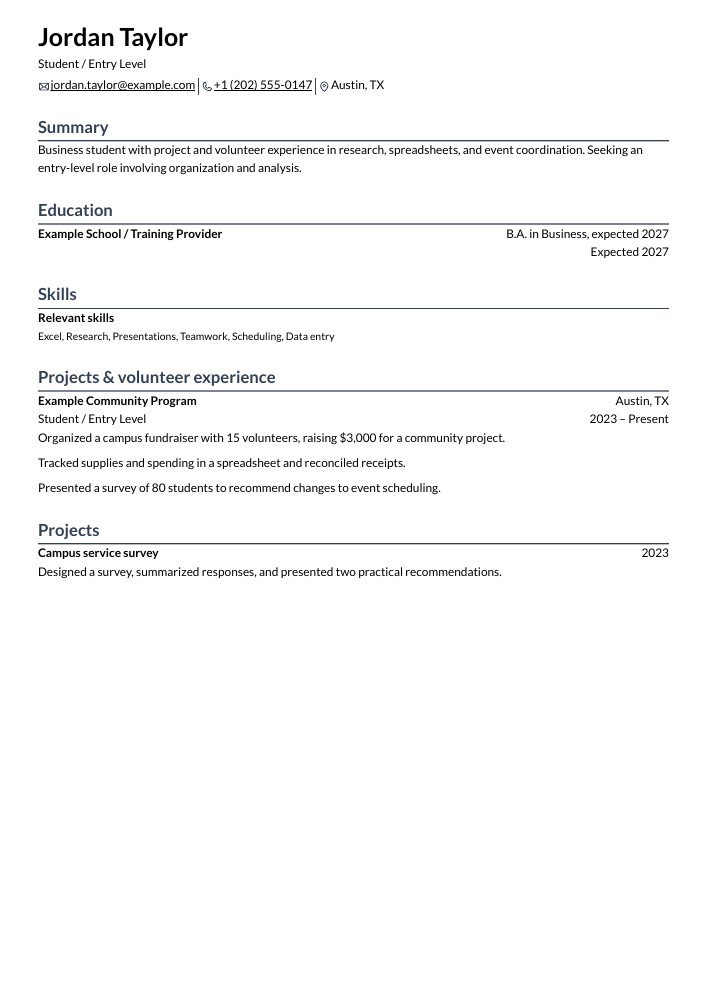 Student / Entry Level resume in the Rhyhorn layout