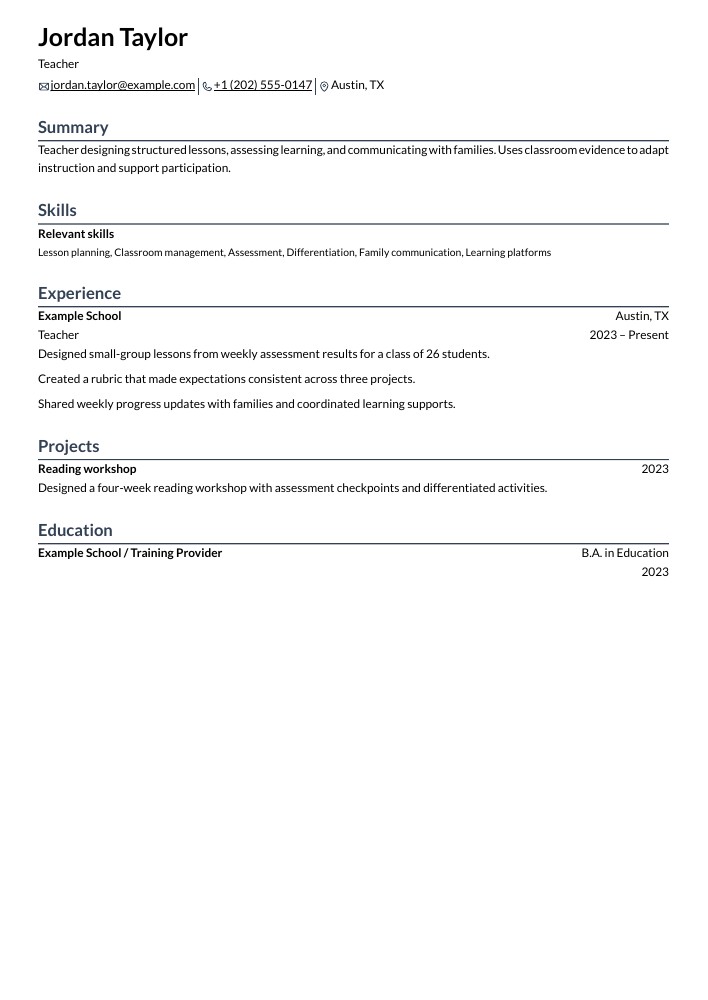 Teacher resume in the Rhyhorn layout